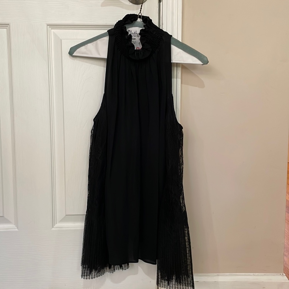 Kobi Halperin silk top with lace sleeves. Open shoulder.